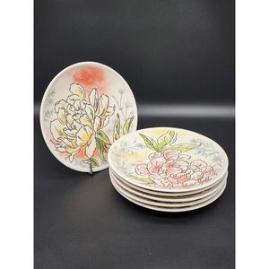 Set of 6 Fitz and Floyd Savannah Home Peony Accent Plates, 5 Yellow 1 Pink, NEW